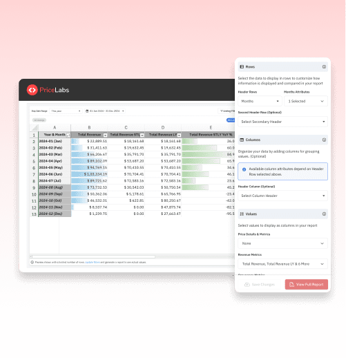 Spreadsheet-style financial report with customization panel